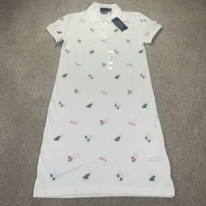 Polo Ralph Lauren Womens XS Mesh Mini Dress White Embroidered Tropical Preppy